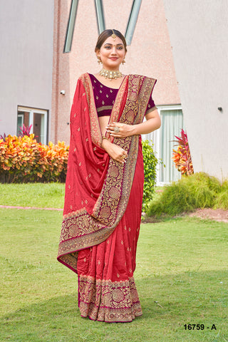 Elegant silk Red beautiful siroski work saree for festivals