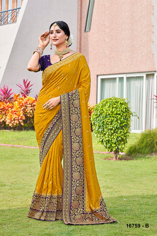 Yellow Soft Silk Designer Work Saree For Pooja Occasion