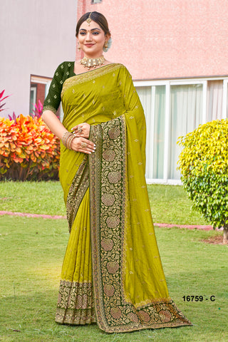 Lemon Green Elegant Silk Siroshki Work Saree For Women