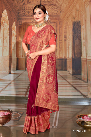 Beautiful Red Designer Silk Siroshki work Saree For Pooja