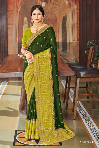 Mehndi Green Soft SIlk Saree With Embroidery Work Border