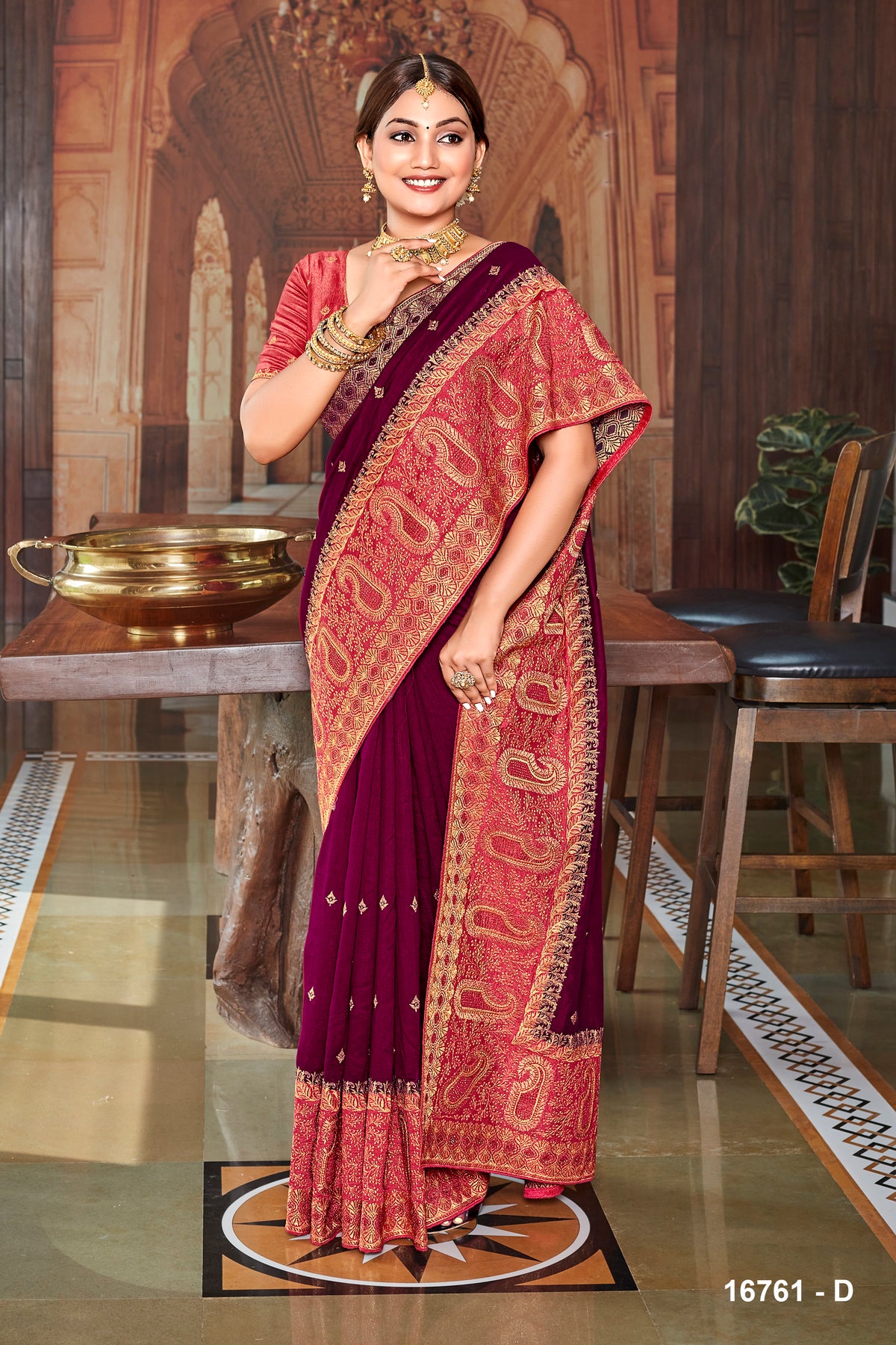 Designer Pink Embroidery SIlk Saree With Siroshki Work And Heavy Border