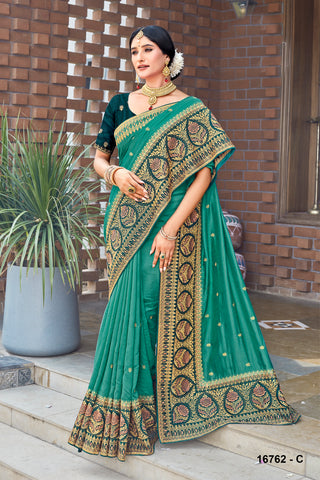 Sea Green Gold Embroidery Shiroshki Work Silk Saree For Pooja Occasion