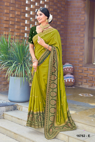 Mehndi Green Soft SIlk Gold Embroidery Shiroshki Work Saree For Wedding Occasion