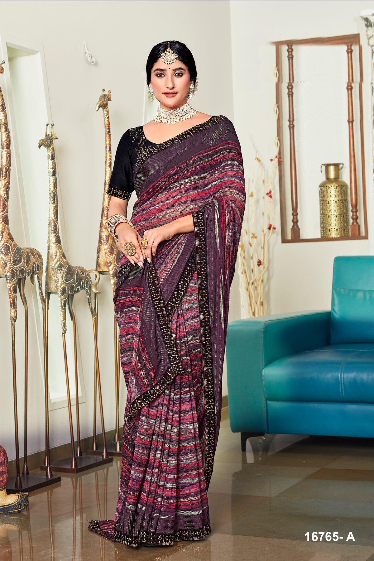 Georgette Purple Shiroshki Work Saree For Party Occasion