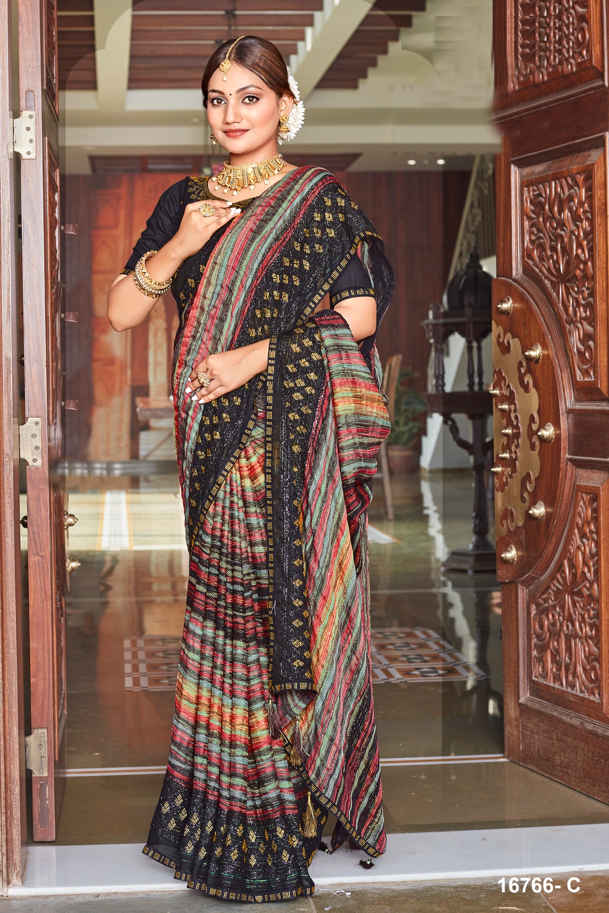 Black Designer Party Wear Georgette Siroski Work Saree