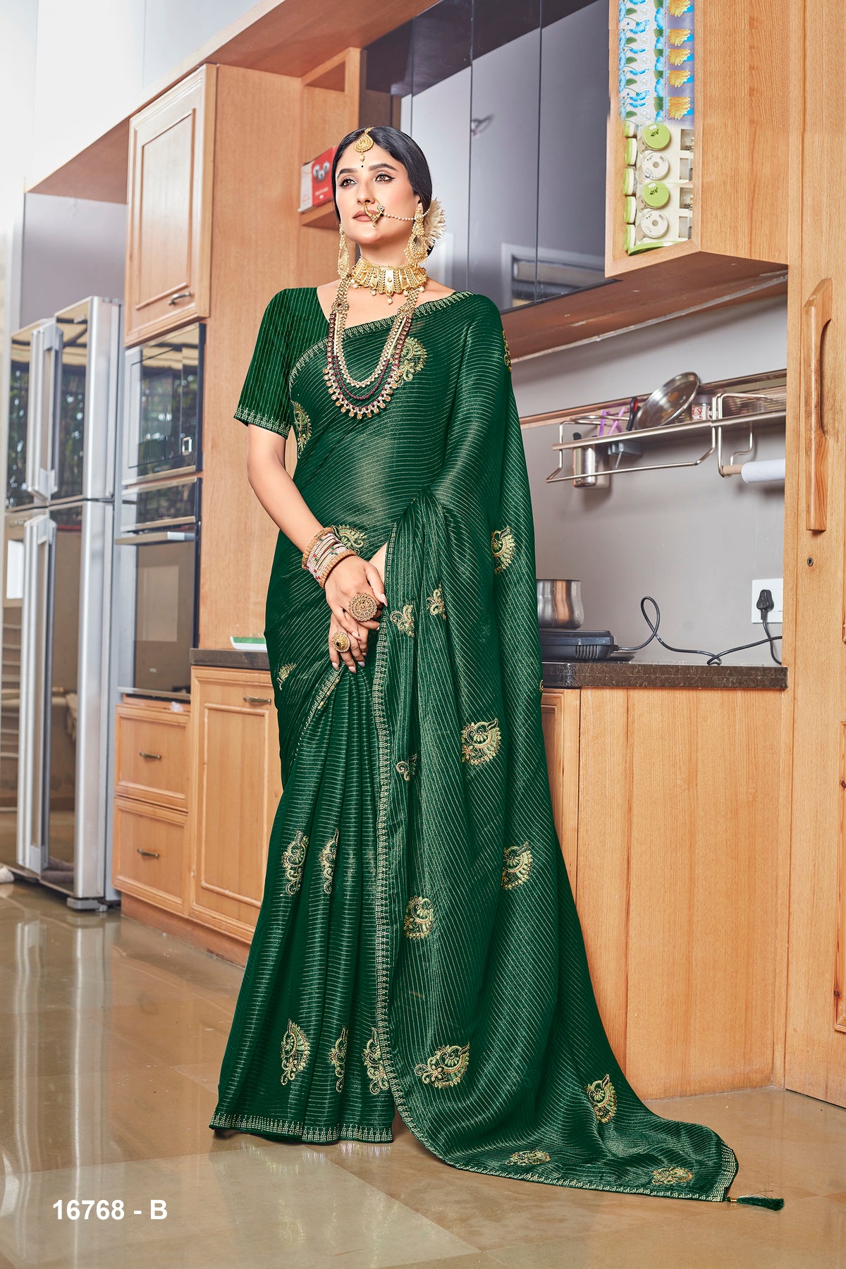 Dark Green Chiffon Silk Elegant Shiroshki Work Saree