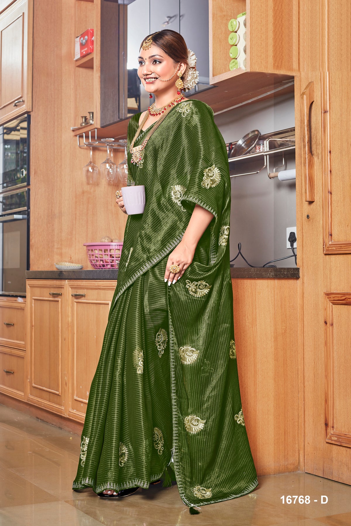 Mehndi Green Chiffon Silk Shiroshki Saree WIth Heavy Embroidery Work