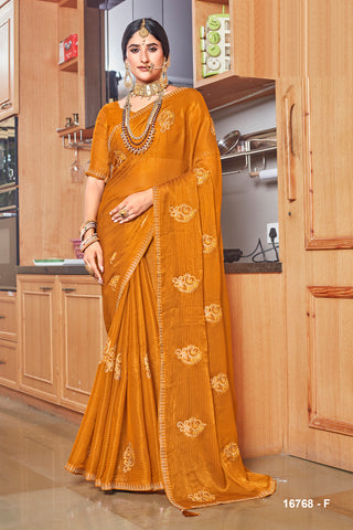 Mustard Yellow Colour Chiffon Silk Shiroshki Wrok Saree For Party Occasion