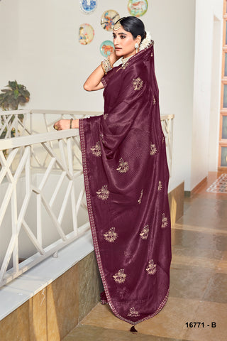 Wine Elegant Party Wear Chiffon Silk Saree With Shiroshki Diamond Work