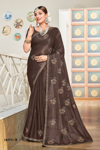 Brown MAsterpiece Chiffon Silk Saree With Shiroshki Diamond Work