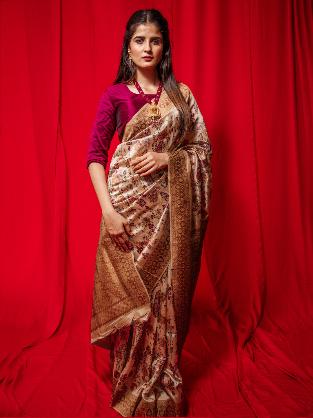 Brown Digital Printed Silk Traditional Saree