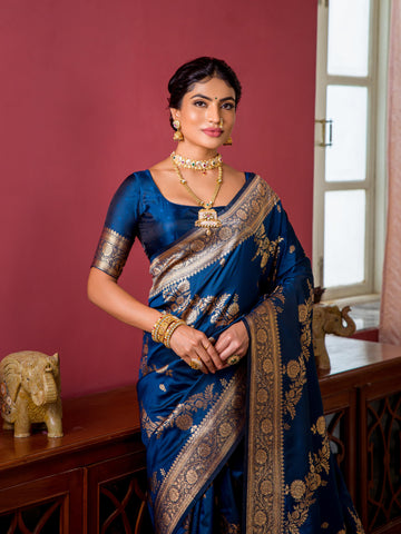 Royal Blue Banarasi Silk Designer Saree WIth Zari Work For Festival