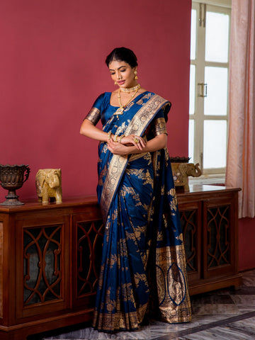 Royal Blue Banarasi Silk Designer Saree WIth Zari Work For Festival