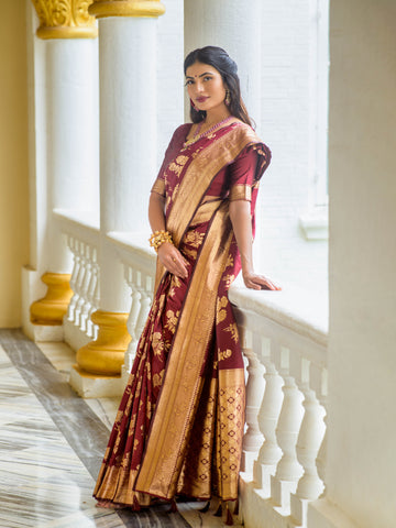 Banarasi Silk Zari Work Maroon Saree  For Indian Wedding