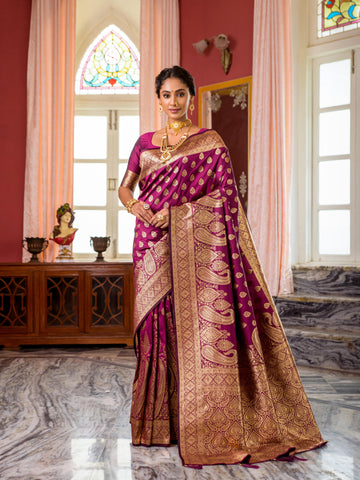 Wine Heavy Banarasi Silk Zari Work Saree For Pooja Occasion