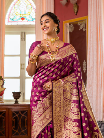 Wine Heavy Banarasi Silk Zari Work Saree For Pooja Occasion