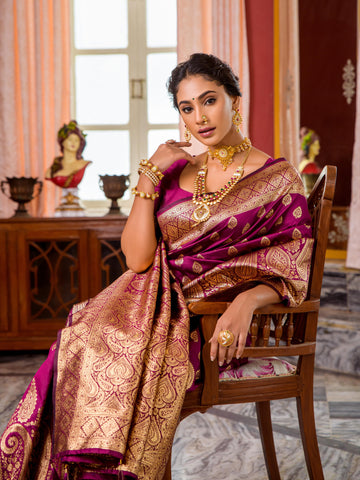 Wine Heavy Banarasi Silk Zari Work Saree For Pooja Occasion