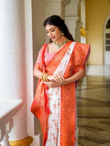 White And Red Ethnic Bangali Tradition Saree With Blouse Piece