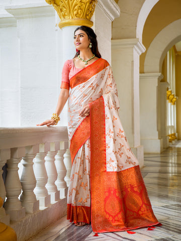 White And Red Ethnic Bangali Tradition Saree With Blouse Piece