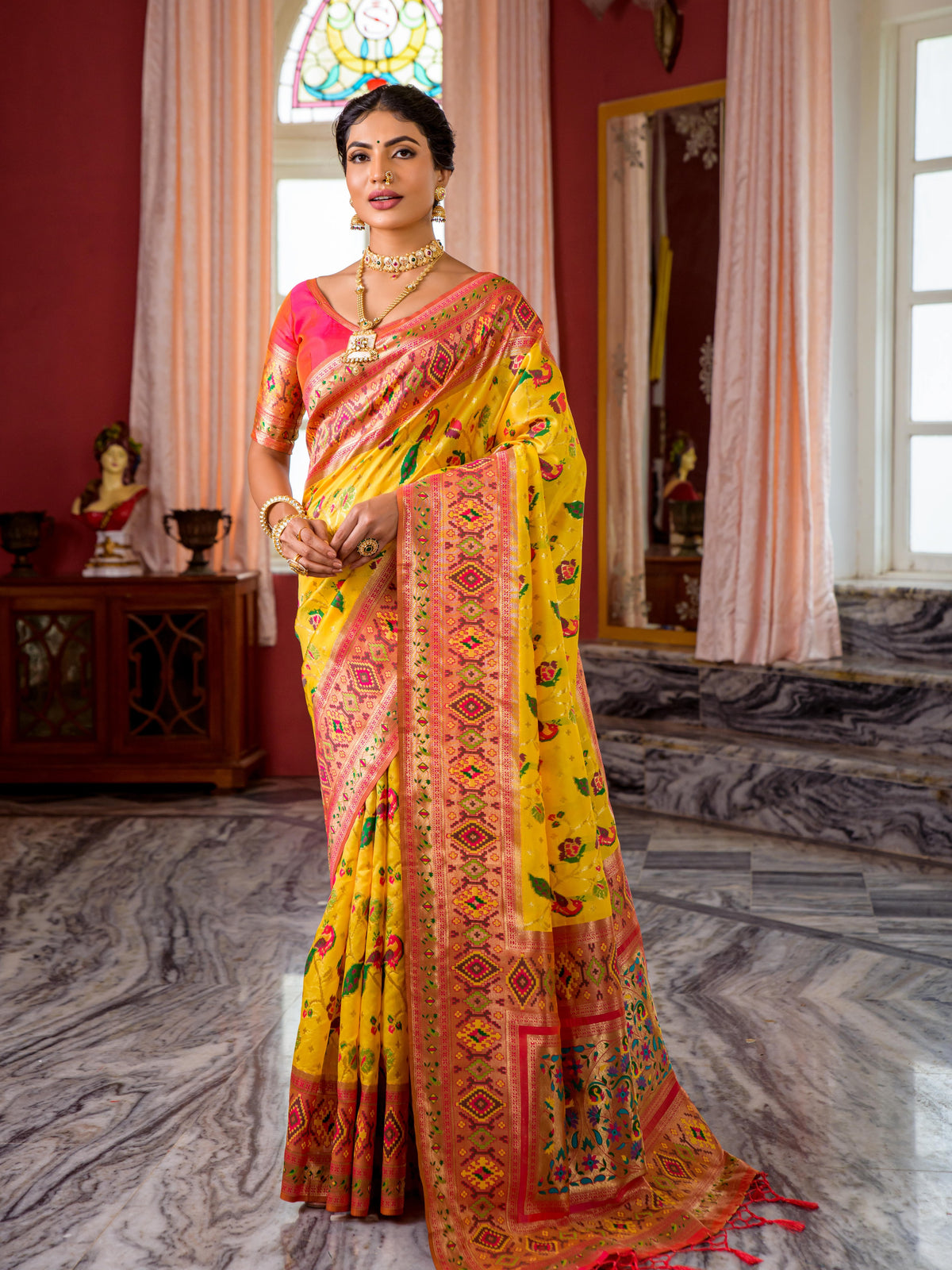 Yellow Silk Paithani Concept Saree For Marathi Tradition