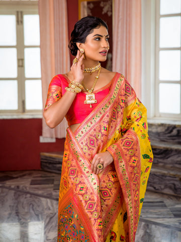 Yellow Silk Paithani Concept Saree For Marathi Tradition