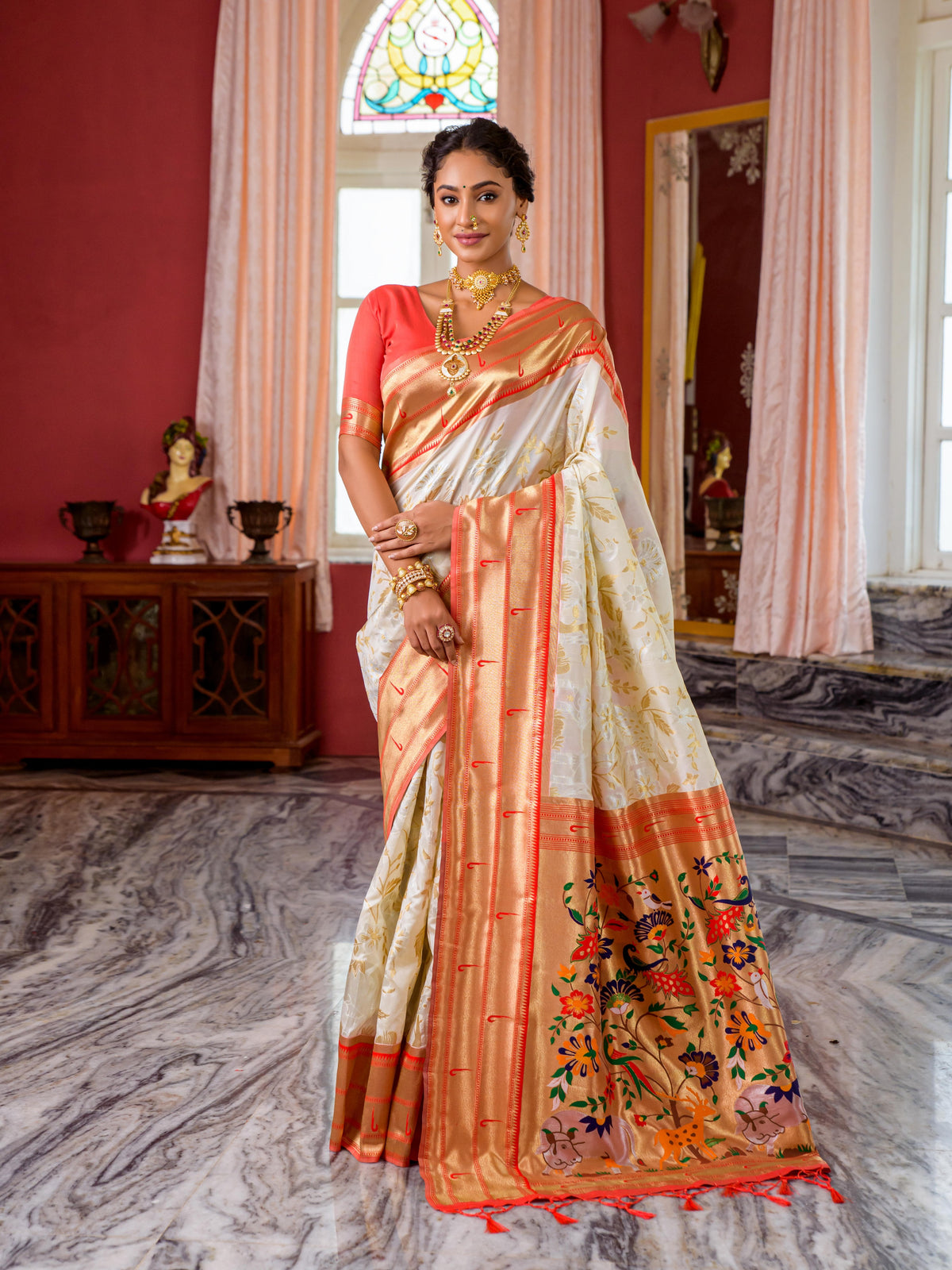 Designer White And Red Paithani Silk Saree