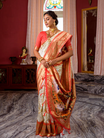 Designer White And Red Paithani Silk Saree