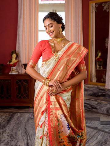 Designer White And Red Paithani Silk Saree