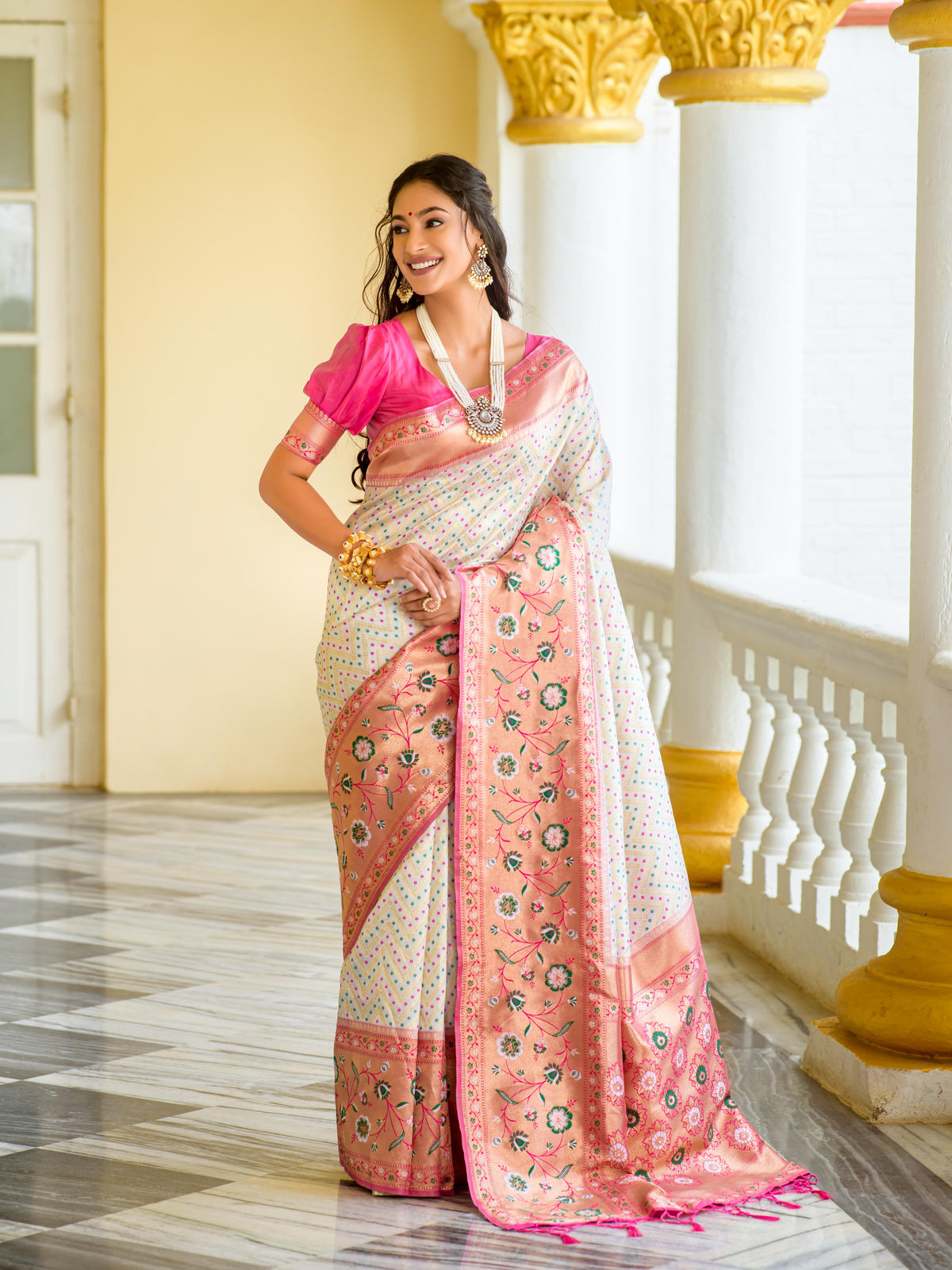 New Paithani Silk White colour Saree For Marathi Tradition