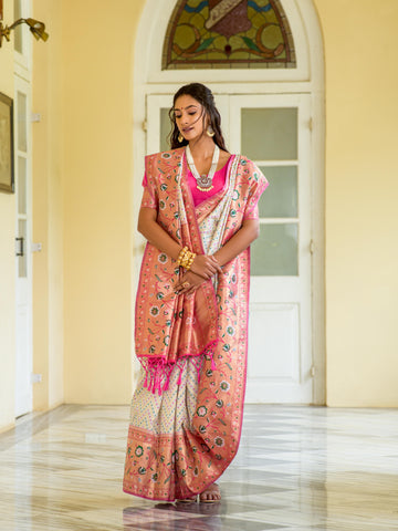 New Paithani Silk White colour Saree For Marathi Tradition