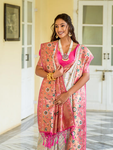 New Paithani Silk White colour Saree For Marathi Tradition