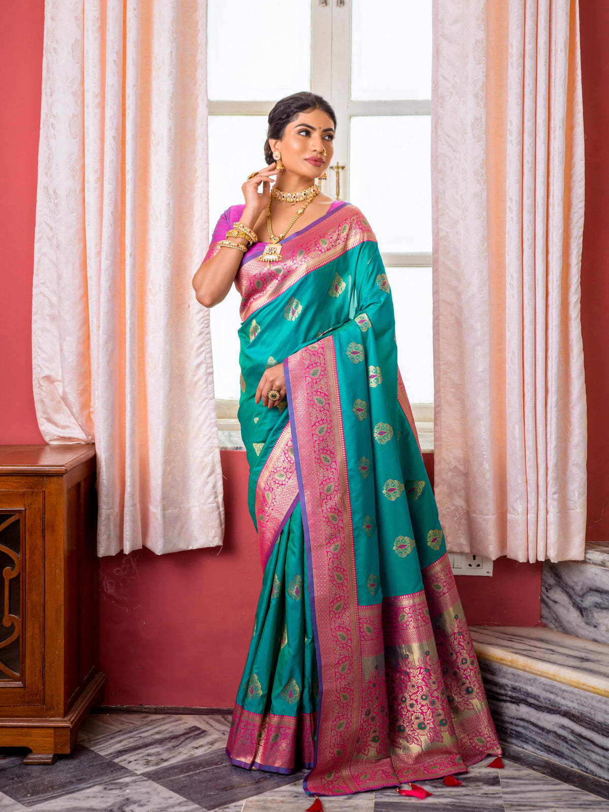 Peacock Green And Pink Silk Zari Work Saree For Festival