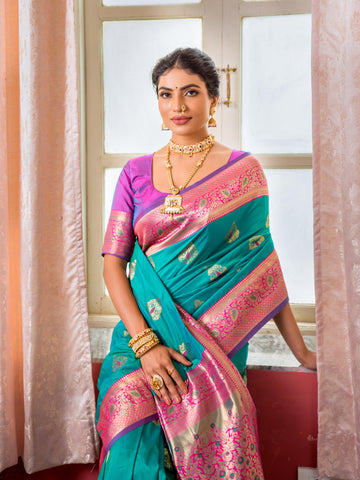 Peacock Green And Pink Silk Zari Work Saree For Festival