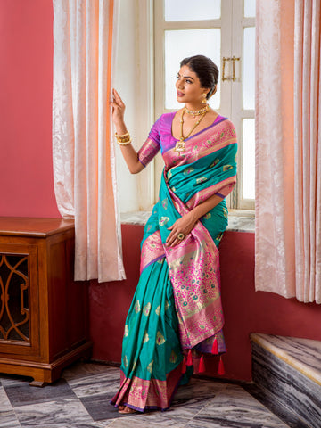 Peacock Green And Pink Silk Zari Work Saree For Festival