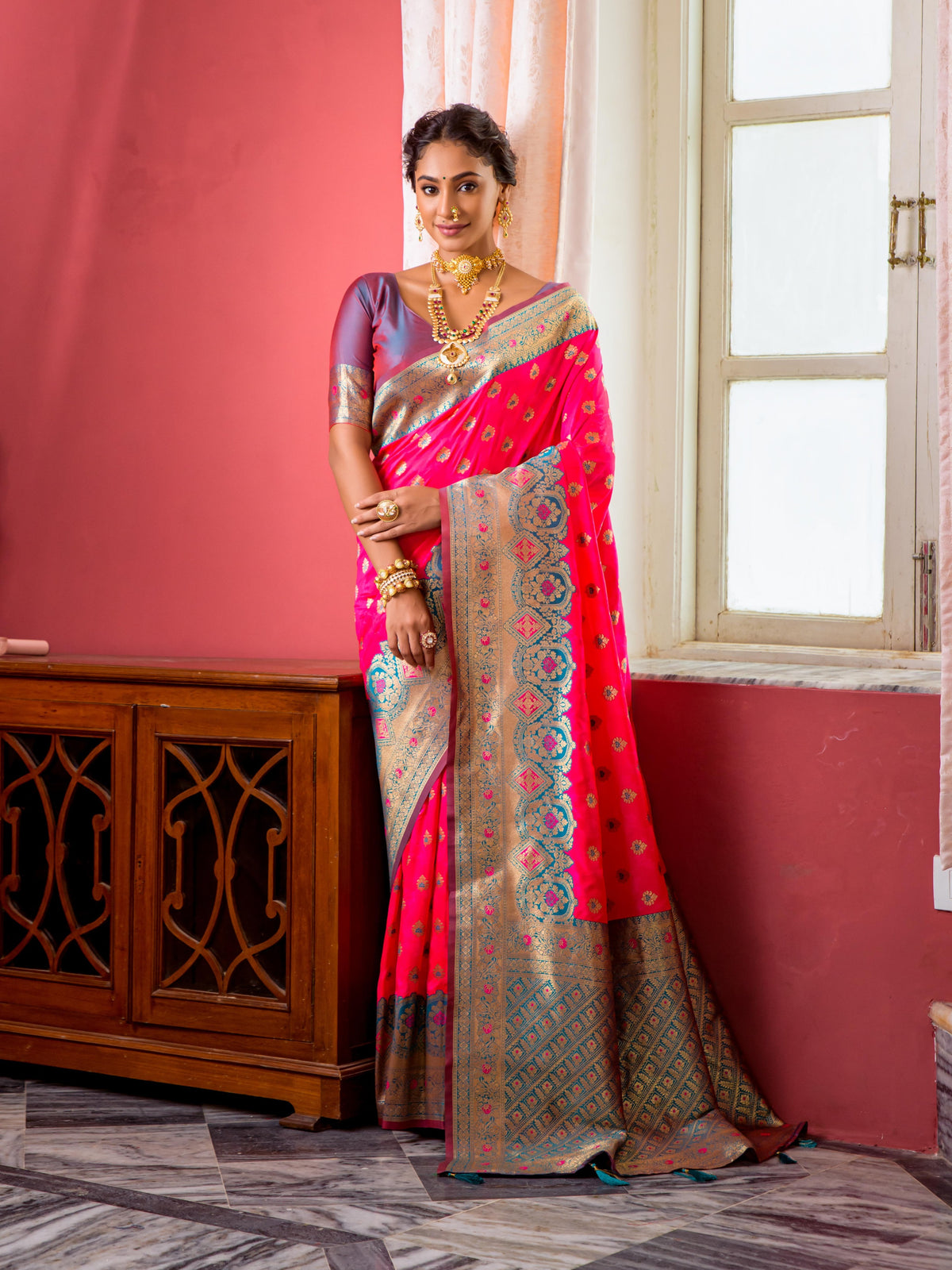 Hot pink Banarasi Silk Saree With Zari Work For Wedding Function