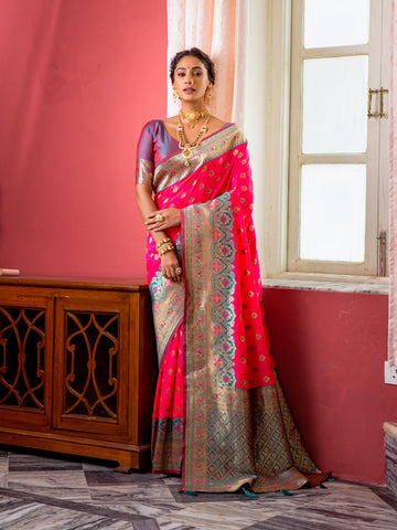 Hot pink Banarasi Silk Saree With Zari Work For Wedding Function