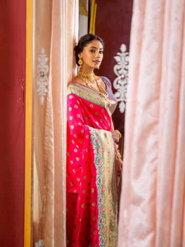 Hot pink Banarasi Silk Saree With Zari Work For Wedding Function