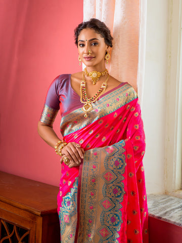 Hot pink Banarasi Silk Saree With Zari Work For Wedding Function