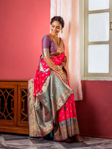 Hot pink Banarasi Silk Saree With Zari Work For Wedding Function