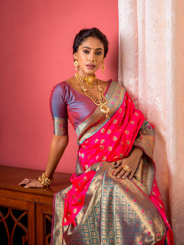 Hot pink Banarasi Silk Saree With Zari Work For Wedding Function