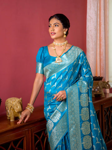 Sky Blue Banarasi Zari Silk Saree Saree For Wedding Occasion