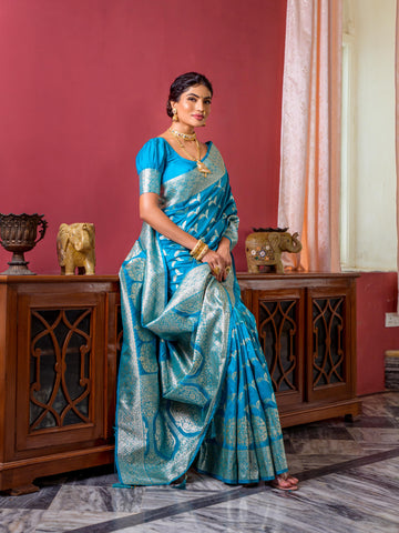 Sky Blue Banarasi Zari Silk Saree Saree For Wedding Occasion