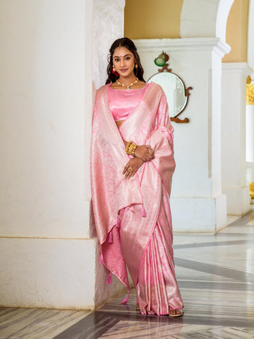 Silver Banarasi Zari Silk Saree For Wedding Occasion