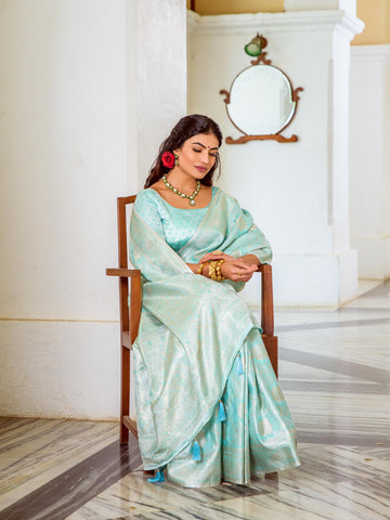 Sky Blue Elegant Silk Saree With Zari Work For Party Function