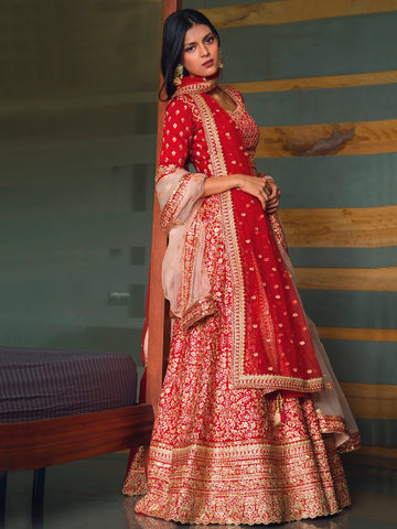 Red Heavy Embroidery Work Silk Lehenga Choli