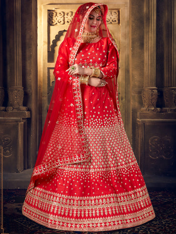 Red Embroidered Silk Gotta Patti Lehenga Choli