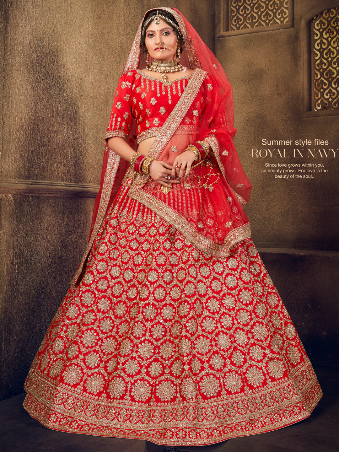 Red Heavy Embroidered Silk Flared Bridal Lehenga Choli