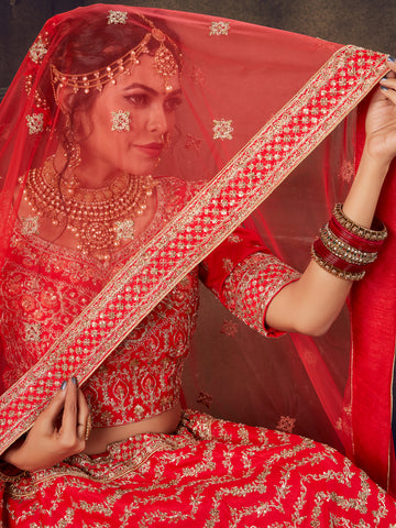 Red Heavy Embroidered Silk Flared Bridal Lehenga Choli