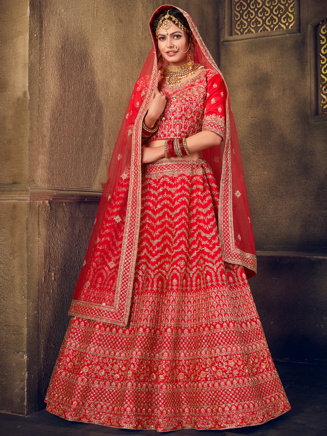 Red Heavy Embroidered Silk Flared Bridal Lehenga Choli